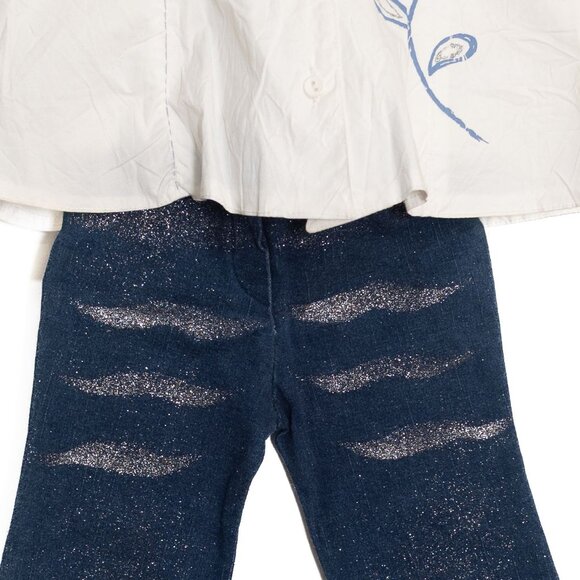 Adams Kids Girls 3 Piece Set White Button-Up Jacket, Glitter Blue Jeans & T-Shir - Picture 4 of 8